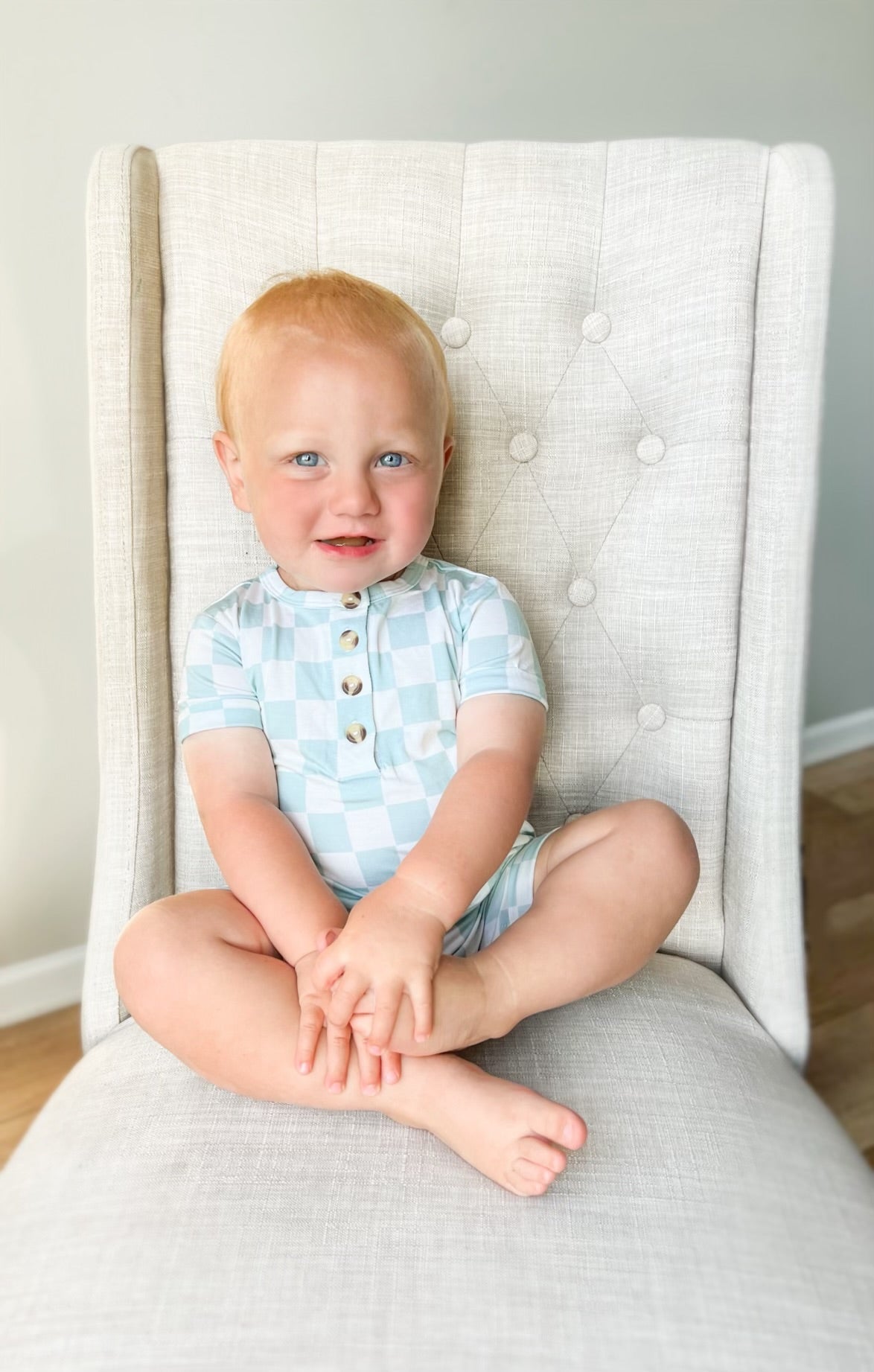 SEAFOAM CHECKERED SHORTIE ROMPER