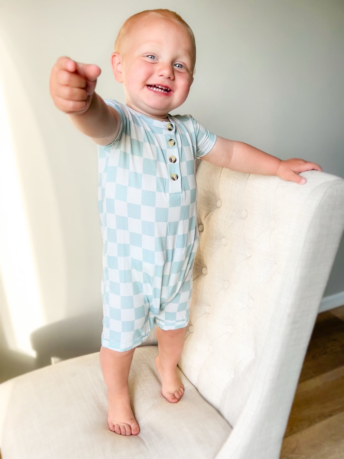 SEAFOAM CHECKERED SHORTIE ROMPER