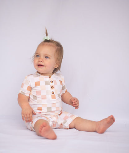 MUTED PASTEL CHECKERED BAMBOO SHORTIE ROMPER