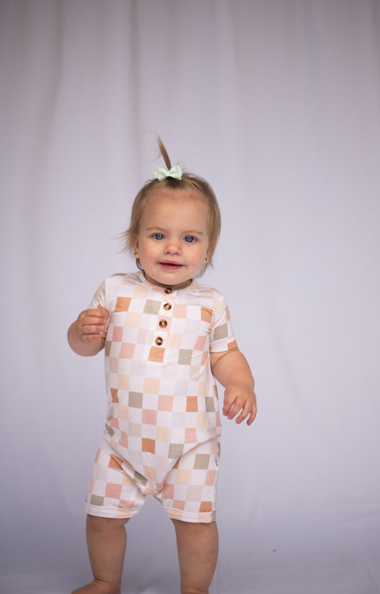 MUTED PASTEL CHECKERED BAMBOO SHORTIE ROMPER