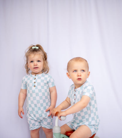 SEAFOAM CHECKERED SHORTIE ROMPER