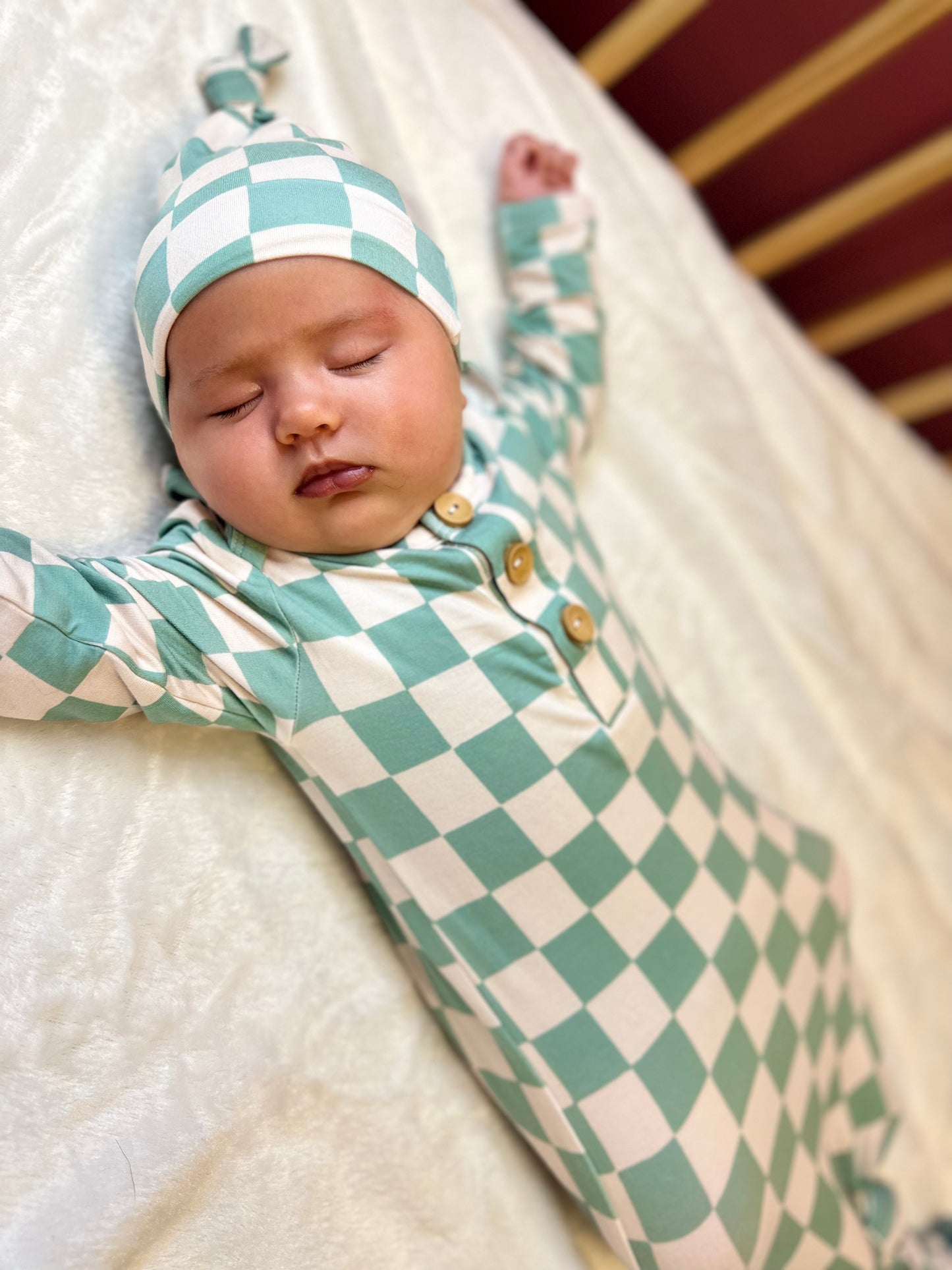 SEAFOAM CHECKERED KNOTTED GOWN